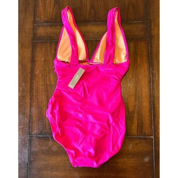 J.Crew Swimsuit Pink Ruched V-neck One Piece Swimsuit NEW Fuchsia 12 Barbiecore - Picture 3 of 4